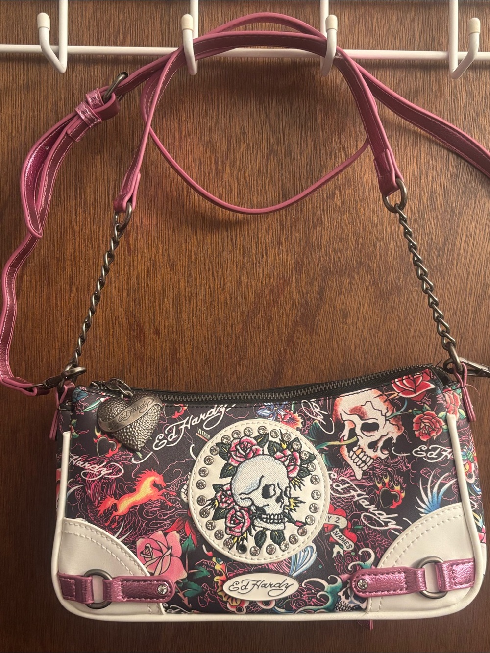 Ed Hardy Black Floral Skull Shoulder Bag with Pink Accents